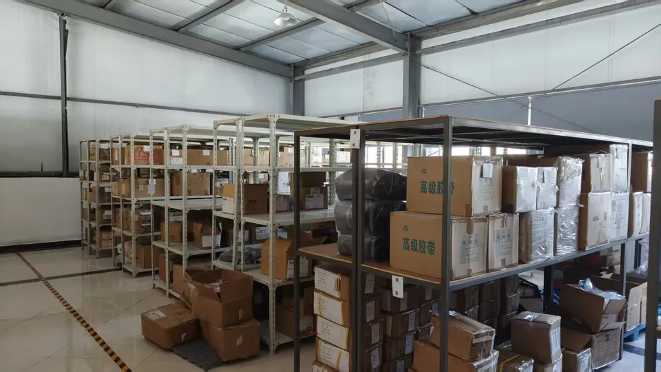 Shelving with boxed trims and accessories in the auxiliary materials warehouse