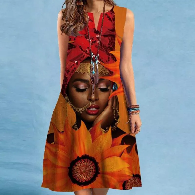 Summer Women's Fashion Sexy Digital Printing V-neck Sleeveless Long Dress with Pockets European and American Dresses - product detail image 3 by TRANSION