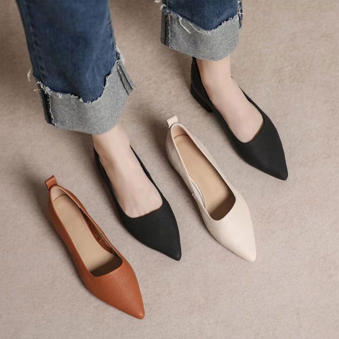 Casual pointed-toe fashion one-foot chunky heel leather shoes - Image 8