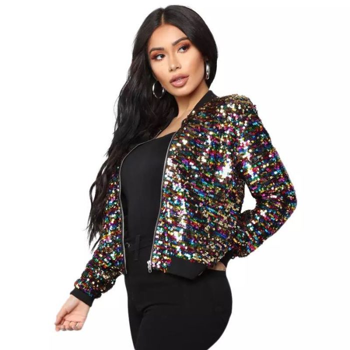 Women Color-Blocking Sequined Cropped Jacket