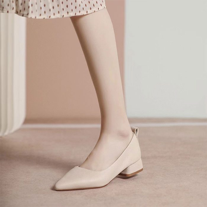 Casual pointed-toe fashion one-foot chunky heel leather shoes - Image 7