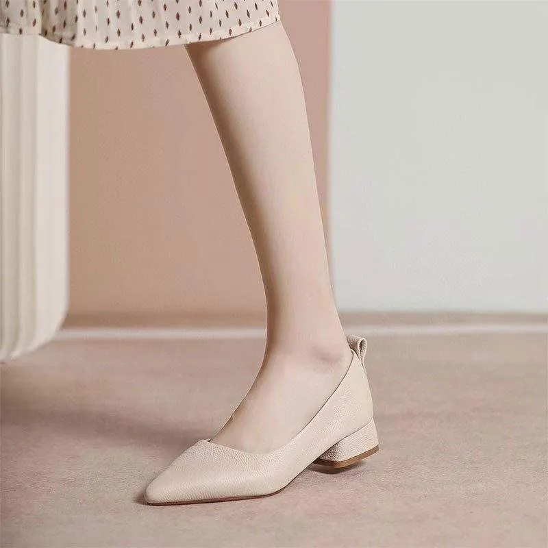 Casual pointed-toe fashion one-foot chunky heel leather shoes - product detail image 5 by TRANSION
