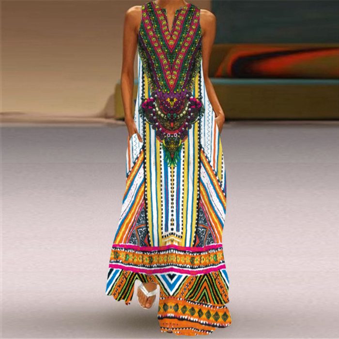 2023 Summer Women's Fashion Sexy Digital Printing V-neck Sleeveless Long Dress with Pockets European and American Dresses - Image 4