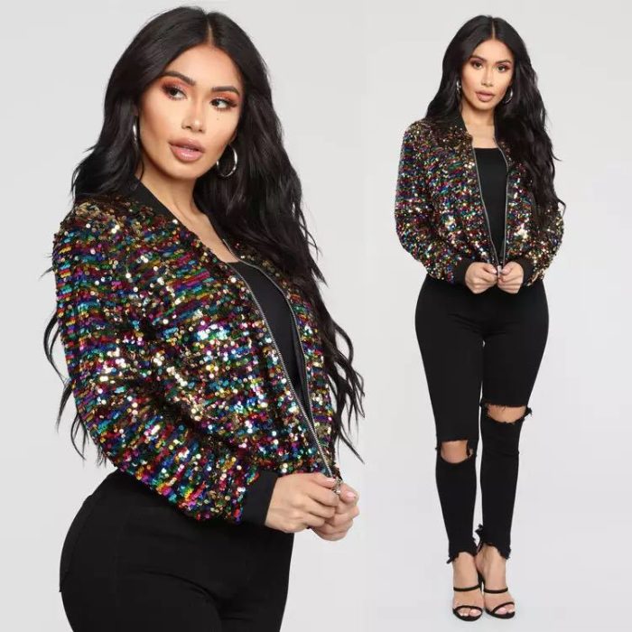 Women Color-Blocking Sequined Cropped Jacket - Image 2