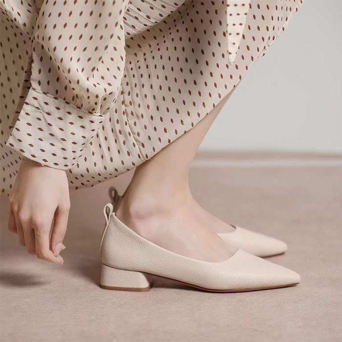 Casual pointed-toe fashion one-foot chunky heel leather shoes - Image 6
