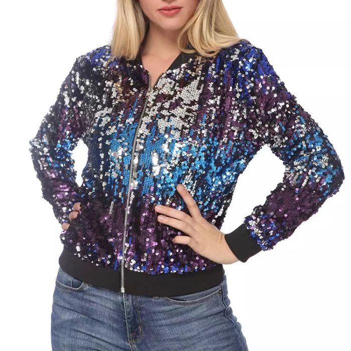 Women Color-Blocking Sequined Cropped Jacket - Image 6