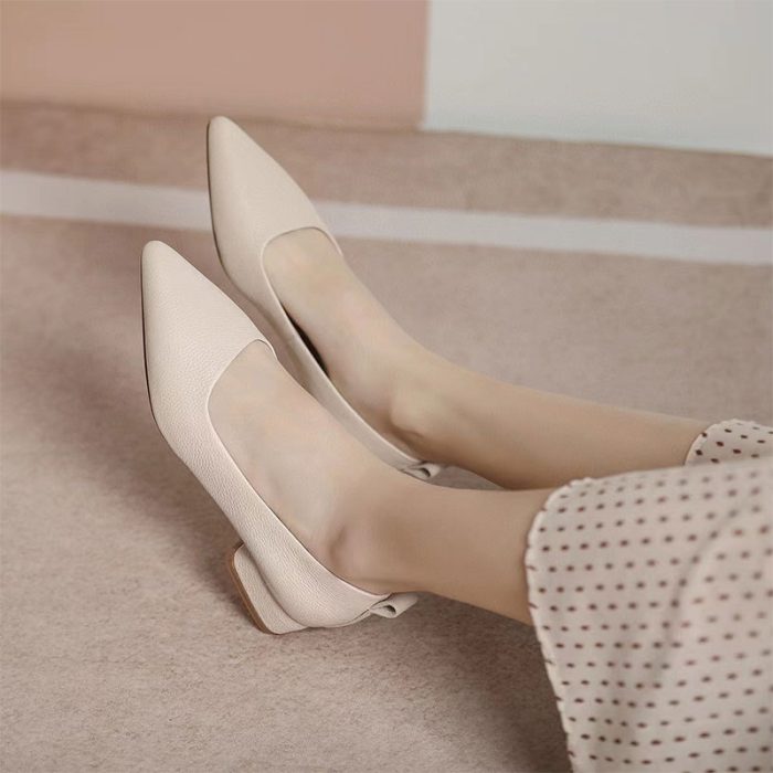 Casual pointed-toe fashion one-foot chunky heel leather shoes - Image 5