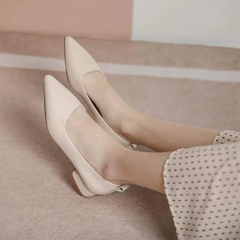 Casual pointed-toe fashion one-foot chunky heel leather shoes - product detail image 7 by TRANSION