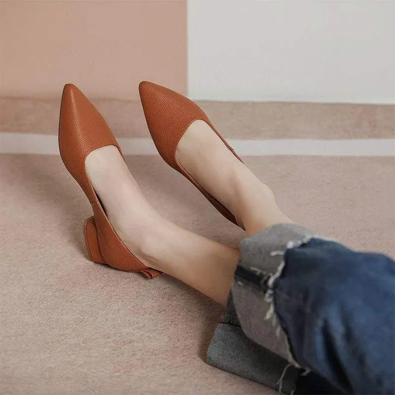 Casual pointed-toe fashion one-foot chunky heel leather shoes - product detail image 8 by TRANSION