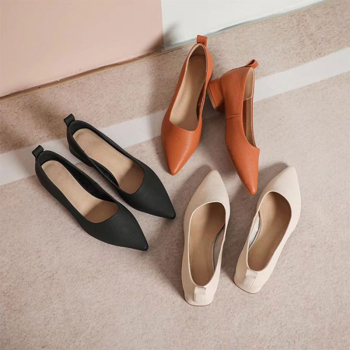 Casual pointed-toe fashion one-foot chunky heel leather shoes
