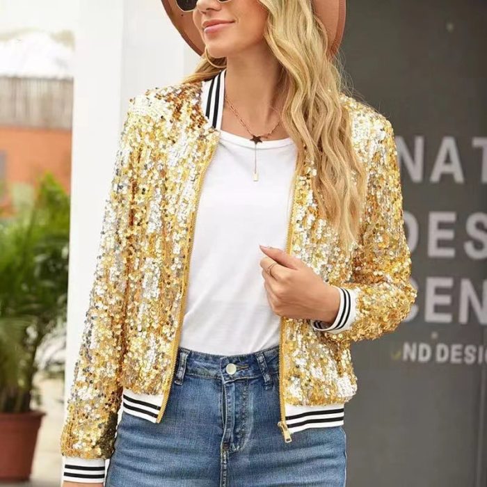 Women Color-Blocking Sequined Cropped Jacket - Image 3