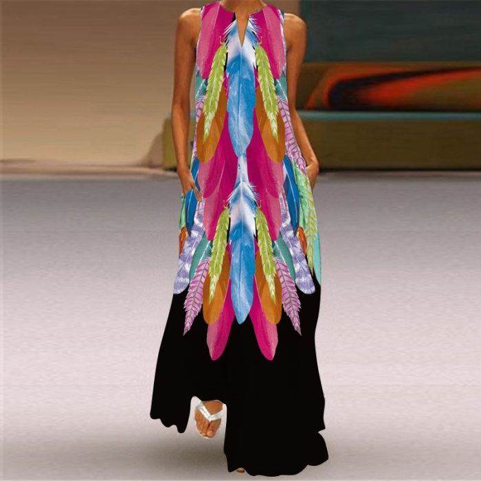 2023 Summer Women's Fashion Sexy Digital Printing V-neck Sleeveless Long Dress with Pockets European and American Dresses - Image 7