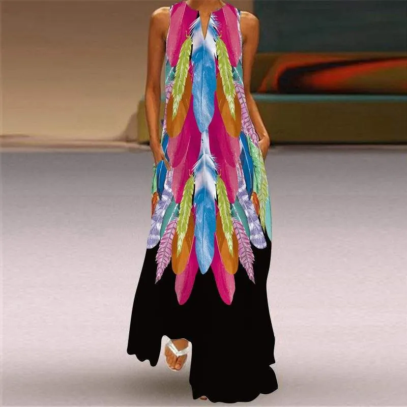 Summer Women's Fashion Sexy Digital Printing V-neck Sleeveless Long Dress with Pockets European and American Dresses - product detail image 8 by TRANSION