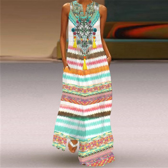 2023 Summer Women's Fashion Sexy Digital Printing V-neck Sleeveless Long Dress with Pockets European and American Dresses - Image 8
