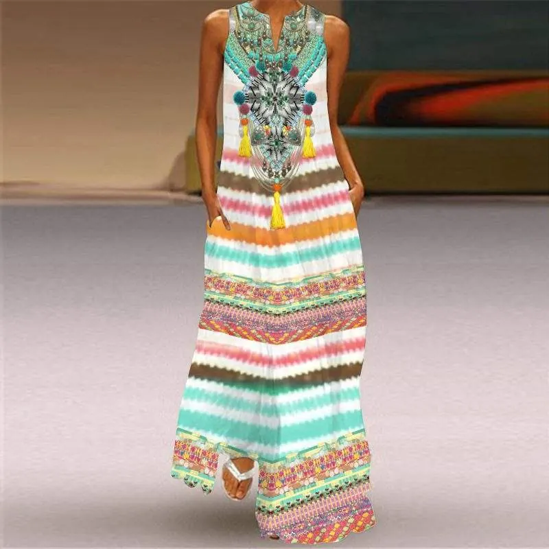 Summer Women's Fashion Sexy Digital Printing V-neck Sleeveless Long Dress with Pockets European and American Dresses - product detail image 9 by TRANSION
