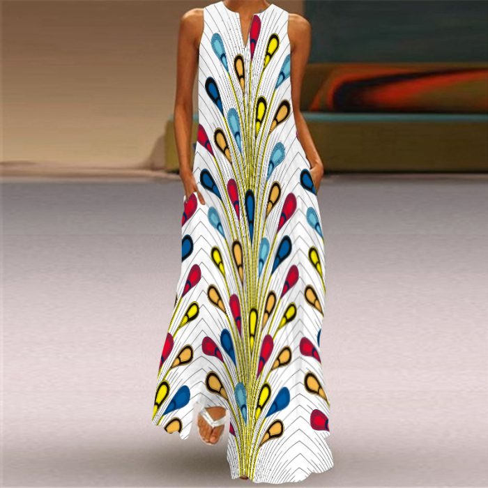 2023 Summer Women's Fashion Sexy Digital Printing V-neck Sleeveless Long Dress with Pockets European and American Dresses - Image 9