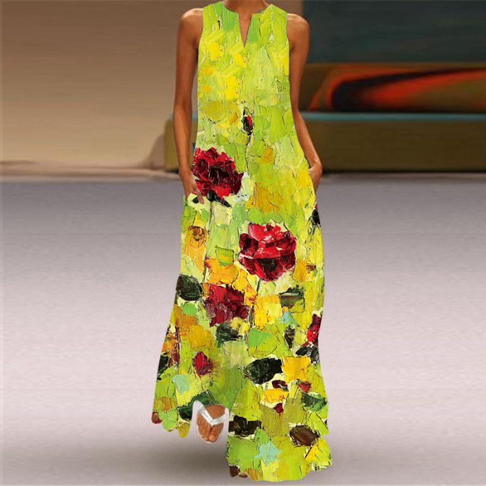2023 Summer Women's Fashion Sexy Digital Printing V-neck Sleeveless Long Dress with Pockets European and American Dresses