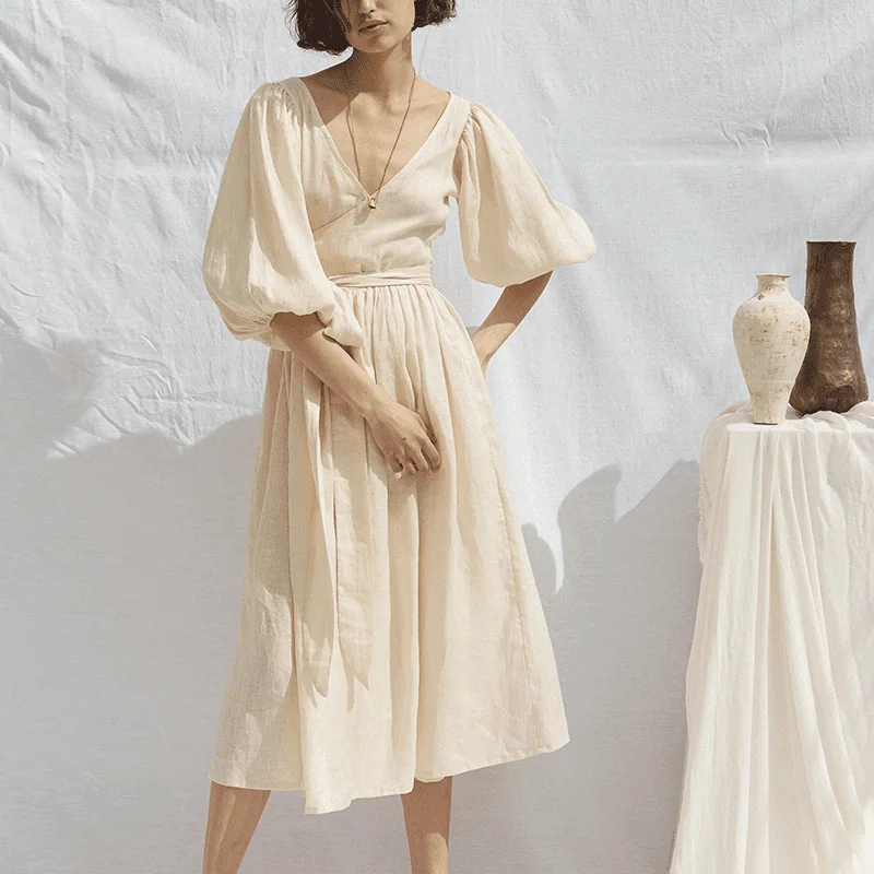 Custom Logo Summer Cotton Linen Women's dress - product detail image 3 by TRANSION