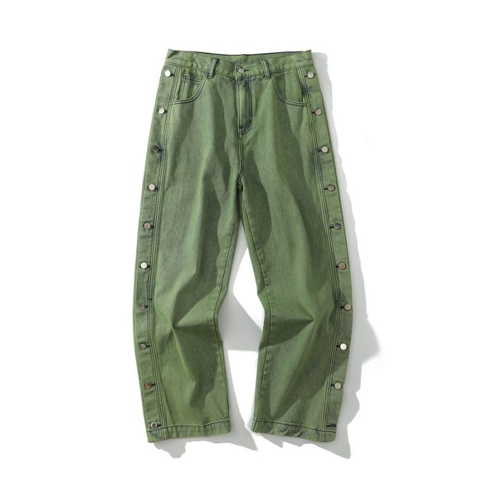Washed old side button green daddy pants tide brand hip-hop loose men's jeans