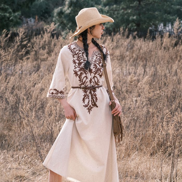 Embroidered cotton and linen dress