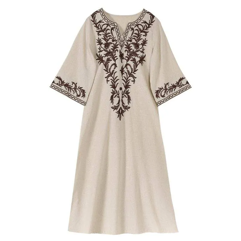 Embroidered cotton and linen dress - product detail image 1 by TRANSION