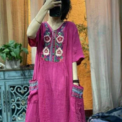 Embroidered loose short-sleeved mid-length linen dress - custom OEM apparel by TRANSION