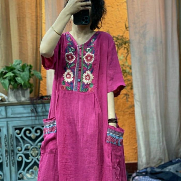 Embroidered loose short-sleeved mid-length linen dress