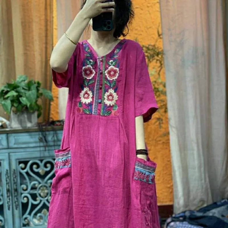Embroidered loose short-sleeved mid-length linen dress - custom OEM apparel by TRANSION