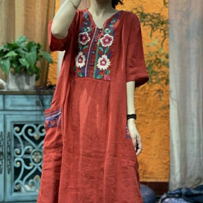 Embroidered loose short-sleeved mid-length linen dress - Image 2