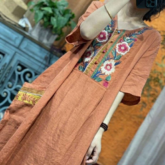 Embroidered loose short-sleeved mid-length linen dress - Image 4