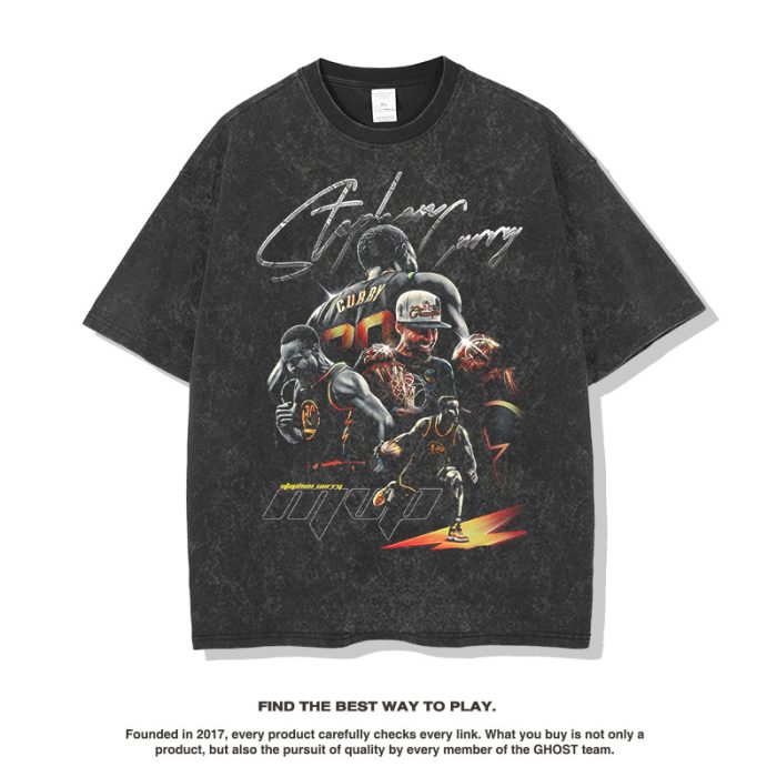 Summer retro washed old loose street heavy t-shirt - Image 4