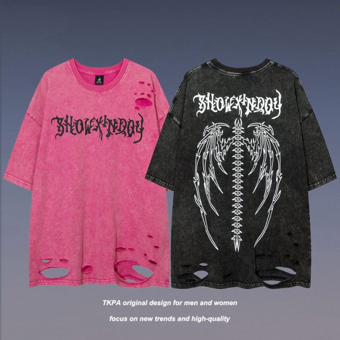 Retro distressed washed cartoon print short-sleeved hip-hop T-shirt