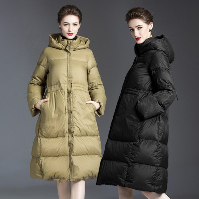 Women's long warm Hoodie 90 white duck down jacket