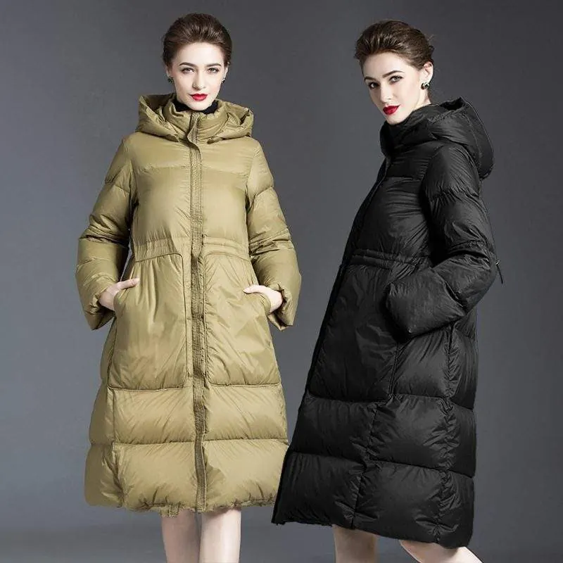 Women's long warm Hoodie 90 white duck down jacket - custom OEM apparel by TRANSION