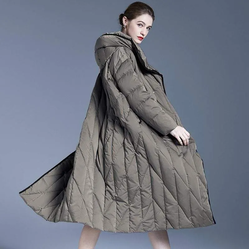 Women’s long warm down jacket - custom OEM apparel by TRANSION