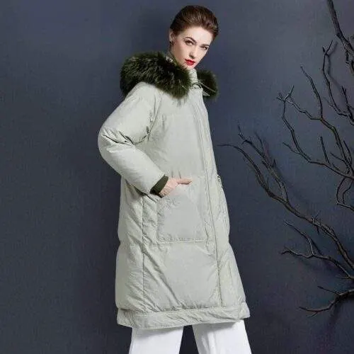 Thick mid-length duck down jacket with raccoon fur collar - custom OEM apparel by TRANSION