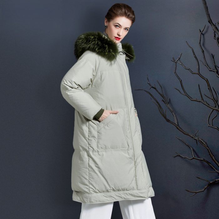 Thick mid-length duck down jacket with raccoon fur collar