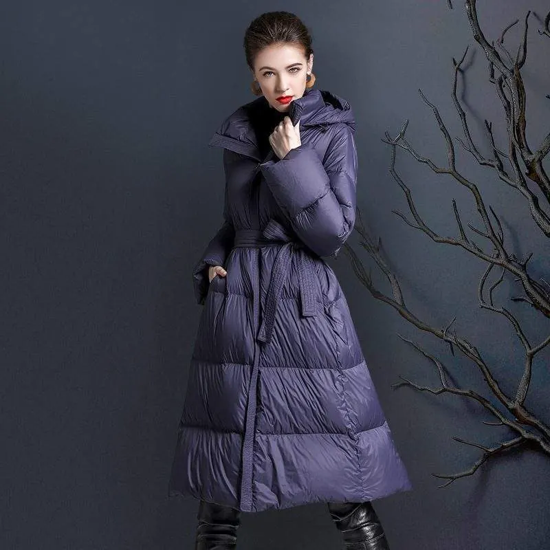 Women's long warm Hoodie 90 white duck down jacket - product detail image 2 by TRANSION