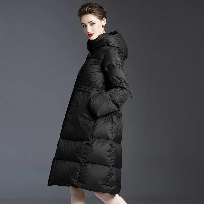 Women's long warm Hoodie 90 white duck down jacket - product detail image 2 by TRANSION