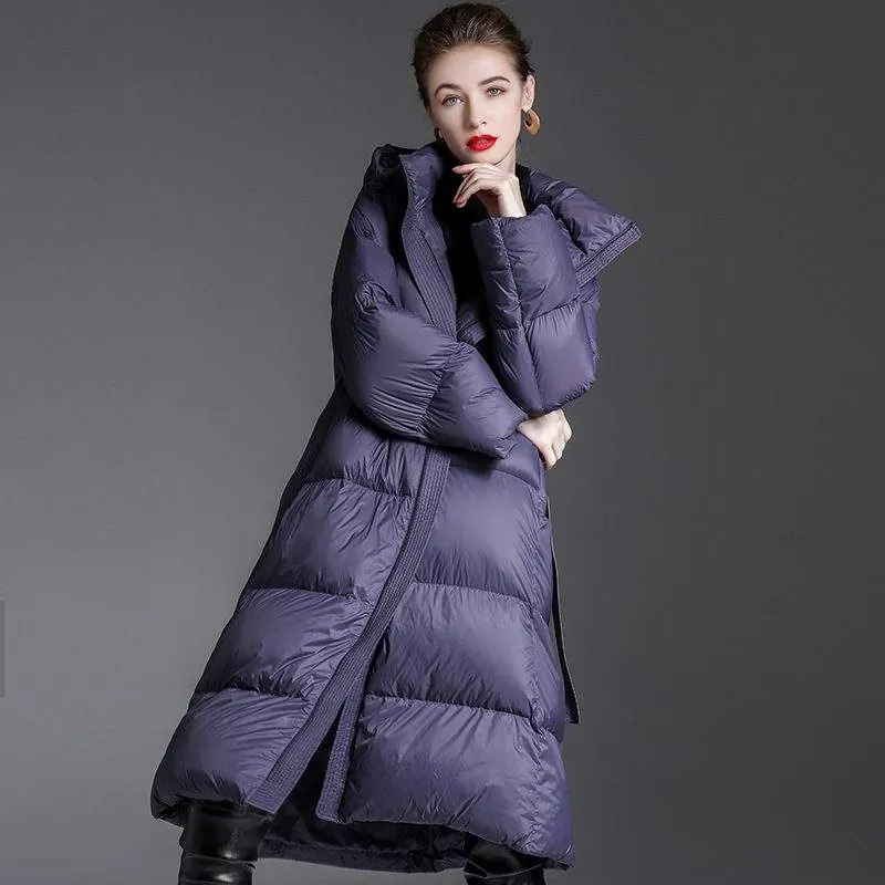 Women's long warm Hoodie 90 white duck down jacket - product detail image 3 by TRANSION