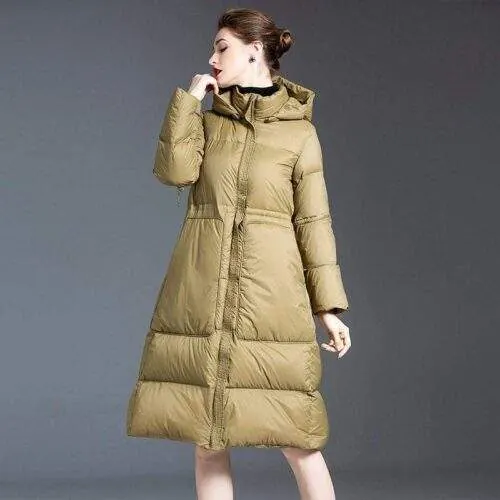 Women's long warm Hoodie 90 white duck down jacket - product detail image 1 by TRANSION