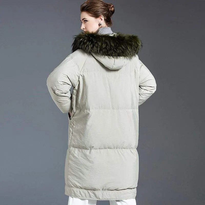 Thick mid-length duck down jacket with raccoon fur collar - product detail image 2 by TRANSION