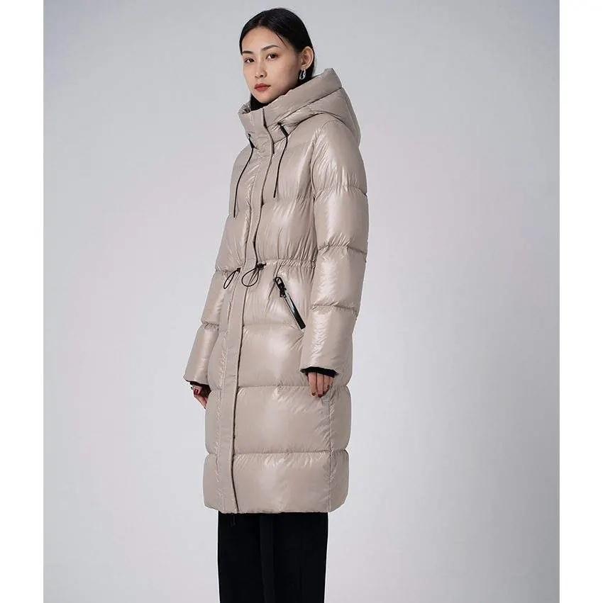 Women's long warm hooded 90 white goose down jacket - product detail image 3 by TRANSION