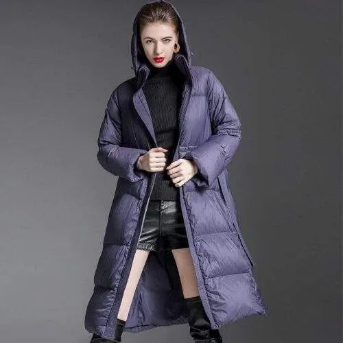Women's long warm Hoodie 90 white duck down jacket - custom OEM apparel by TRANSION