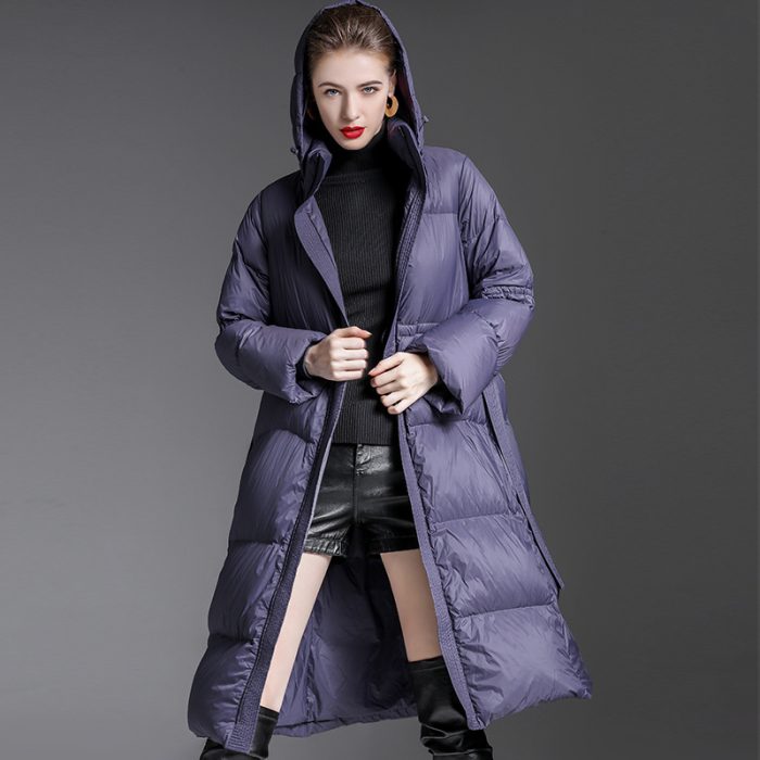 Women's long warm Hoodie 90 white duck down jacket