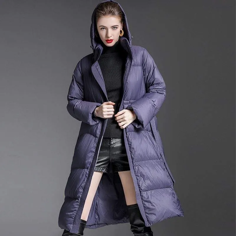 Women's long warm Hoodie 90 white duck down jacket - custom OEM apparel by TRANSION