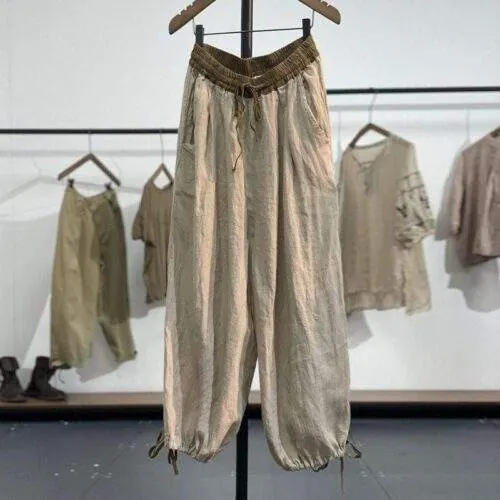Clashing color elastic waist loose drawstring linen harem pants - custom OEM apparel by TRANSION