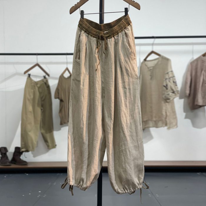 Clashing color elastic waist loose drawstring linen harem pants