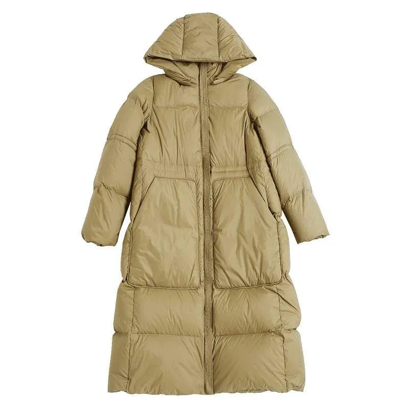 Women's long warm Hoodie 90 white duck down jacket - product detail image 3 by TRANSION