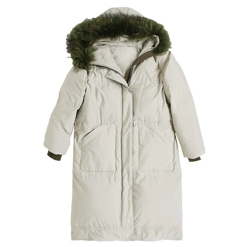 Thick mid-length duck down jacket with raccoon fur collar - product detail image 3 by TRANSION